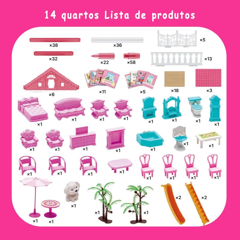 Villa de Bonecas Luxury com 14 Cômodos, Luzes LED e 2 Bonecas