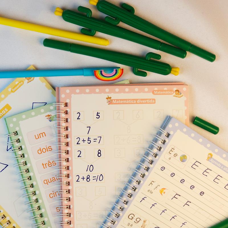 Kit 4 Cadernos Mágicos de Caligrafia Infantil + 6 Canetas + 20 Recargas — Reutilizável