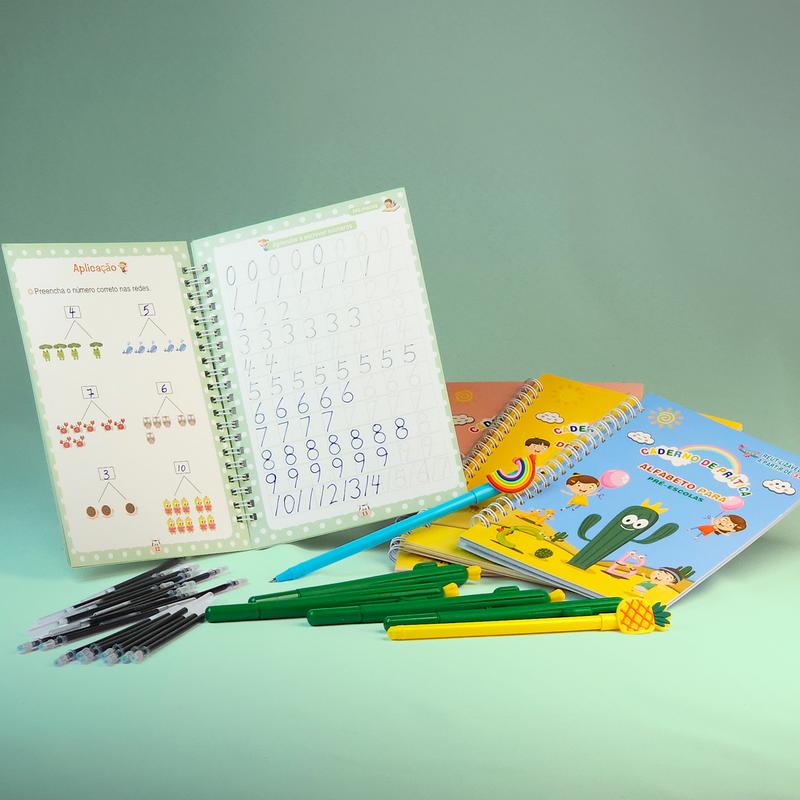 Kit 4 Cadernos Mágicos de Caligrafia Infantil + 6 Canetas + 20 Recargas — Reutilizável