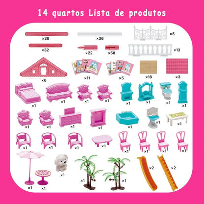 Villa de Bonecas Luxury com 14 Cômodos, Luzes LED e 2 Bonecas