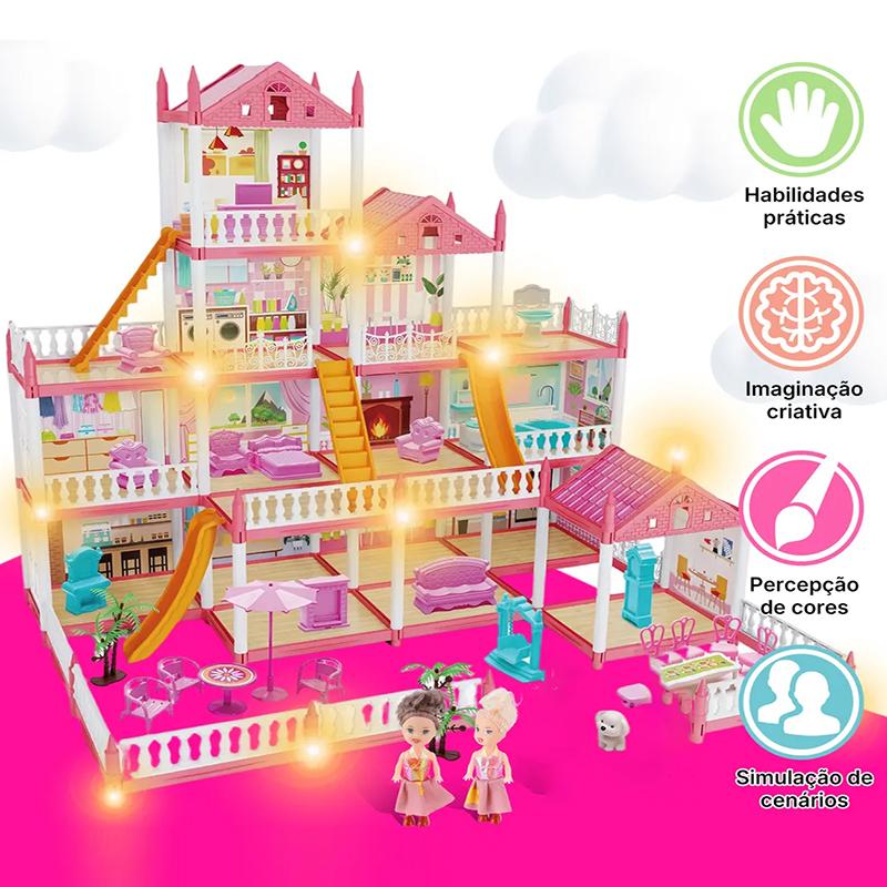 Villa de Bonecas Luxury com 14 Cômodos, Luzes LED e 2 Bonecas