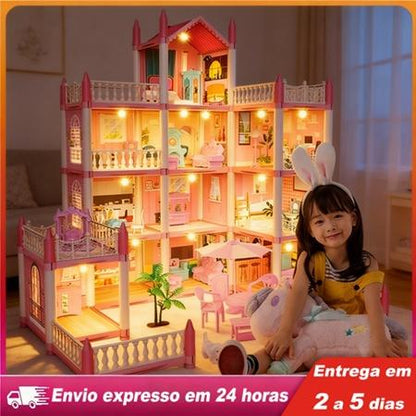 Villa de Bonecas Luxury com 14 Cômodos, Luzes LED e 2 Bonecas
