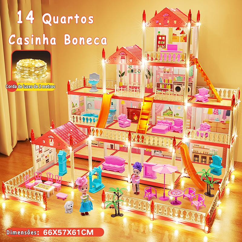 Villa de Bonecas Luxury com 14 Cômodos, Luzes LED e 2 Bonecas